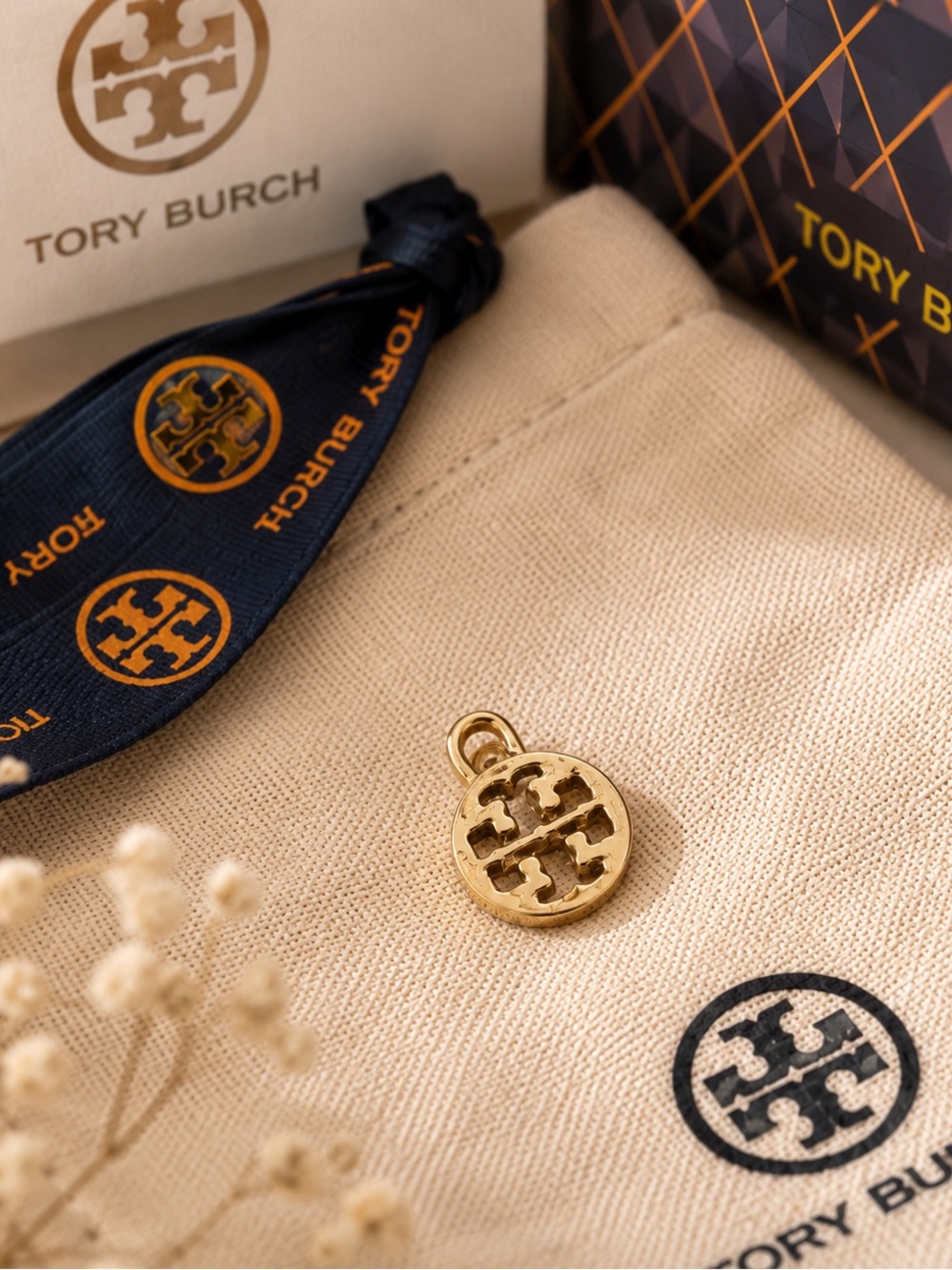 Tory Burch Gold Tone Miller Pave Logo Circle Charm Pendant Accessory